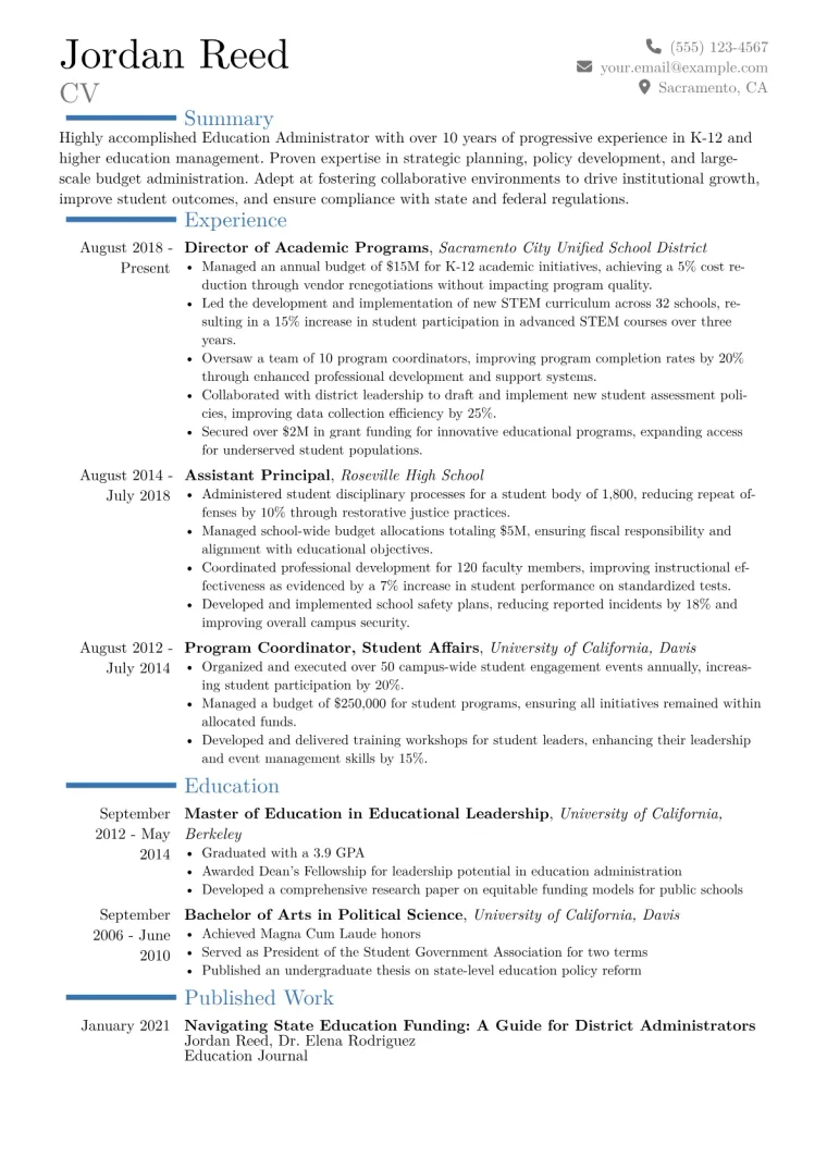 Education Administrator Resume Example CV template preview