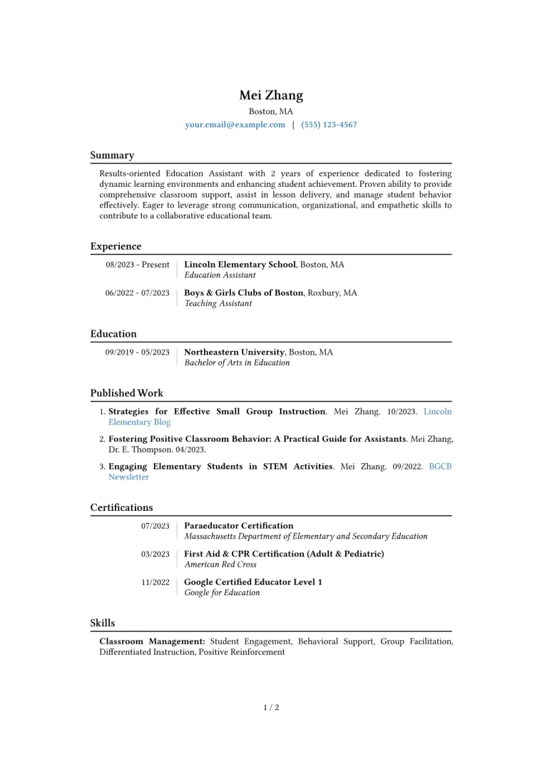 Education Assistant Resume Example CV template preview