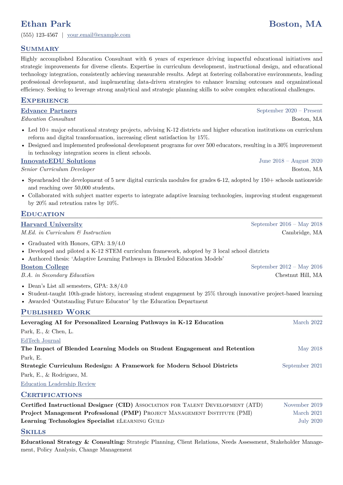 Education Consultant Resume Example CV template - Page 1