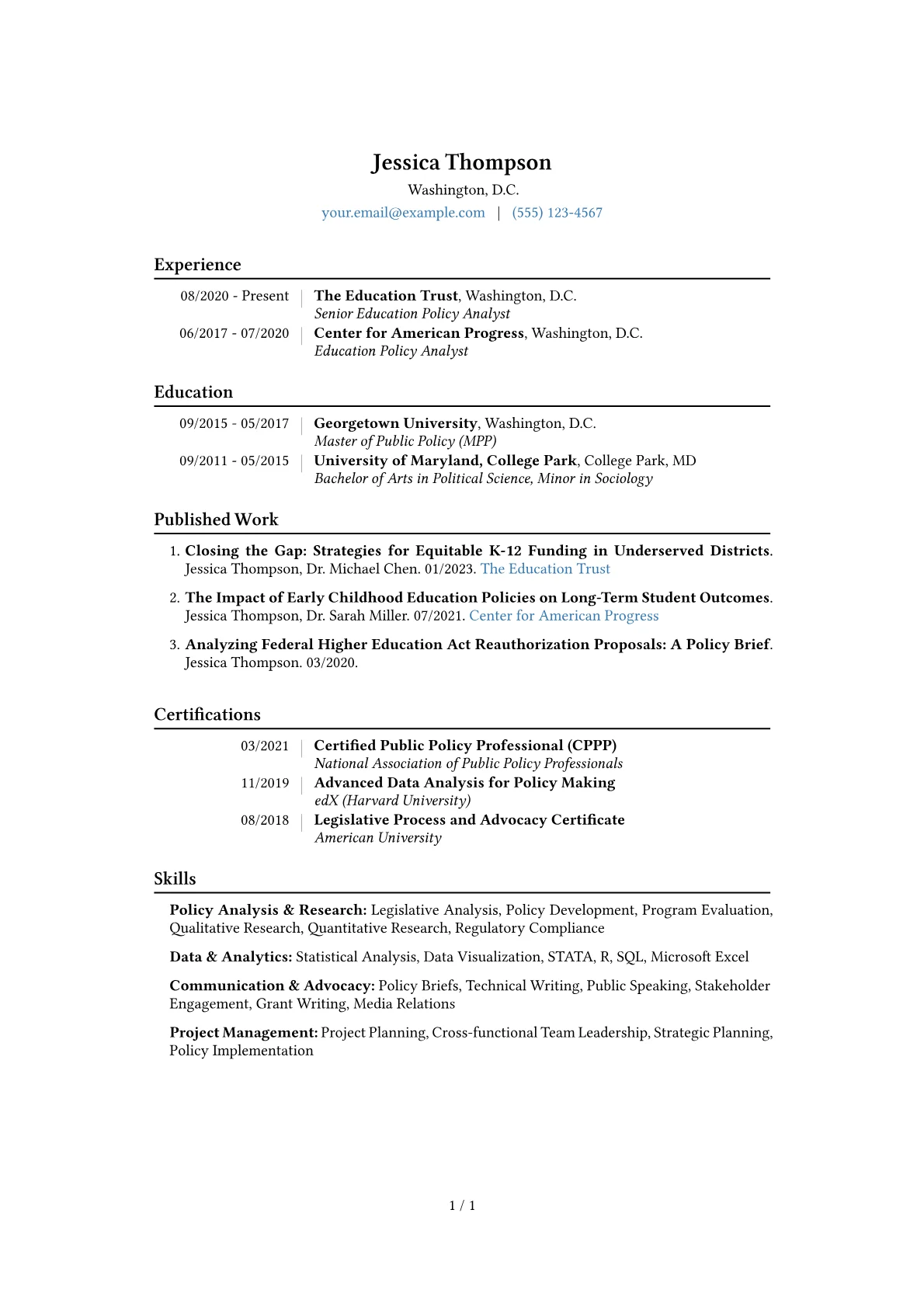 Education Policy Analyst Resume Example CV template - Page 1
