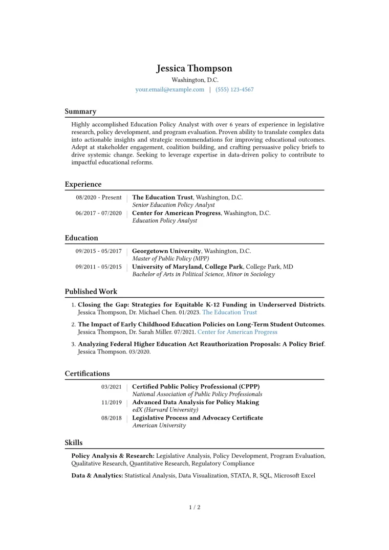 Education Policy Analyst Resume Example CV template preview