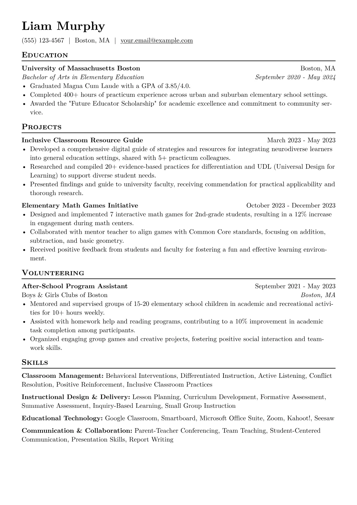 Education Student Resume Example CV template - Page 1