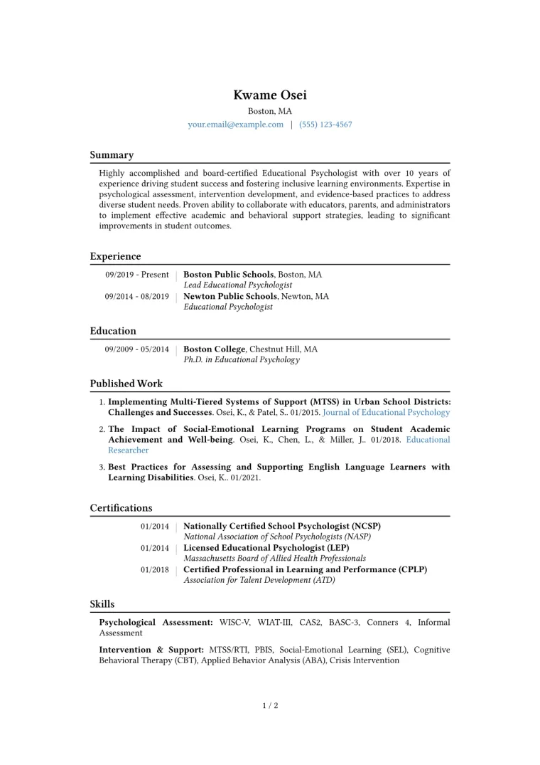 Educational Psychologist Resume Example CV template preview