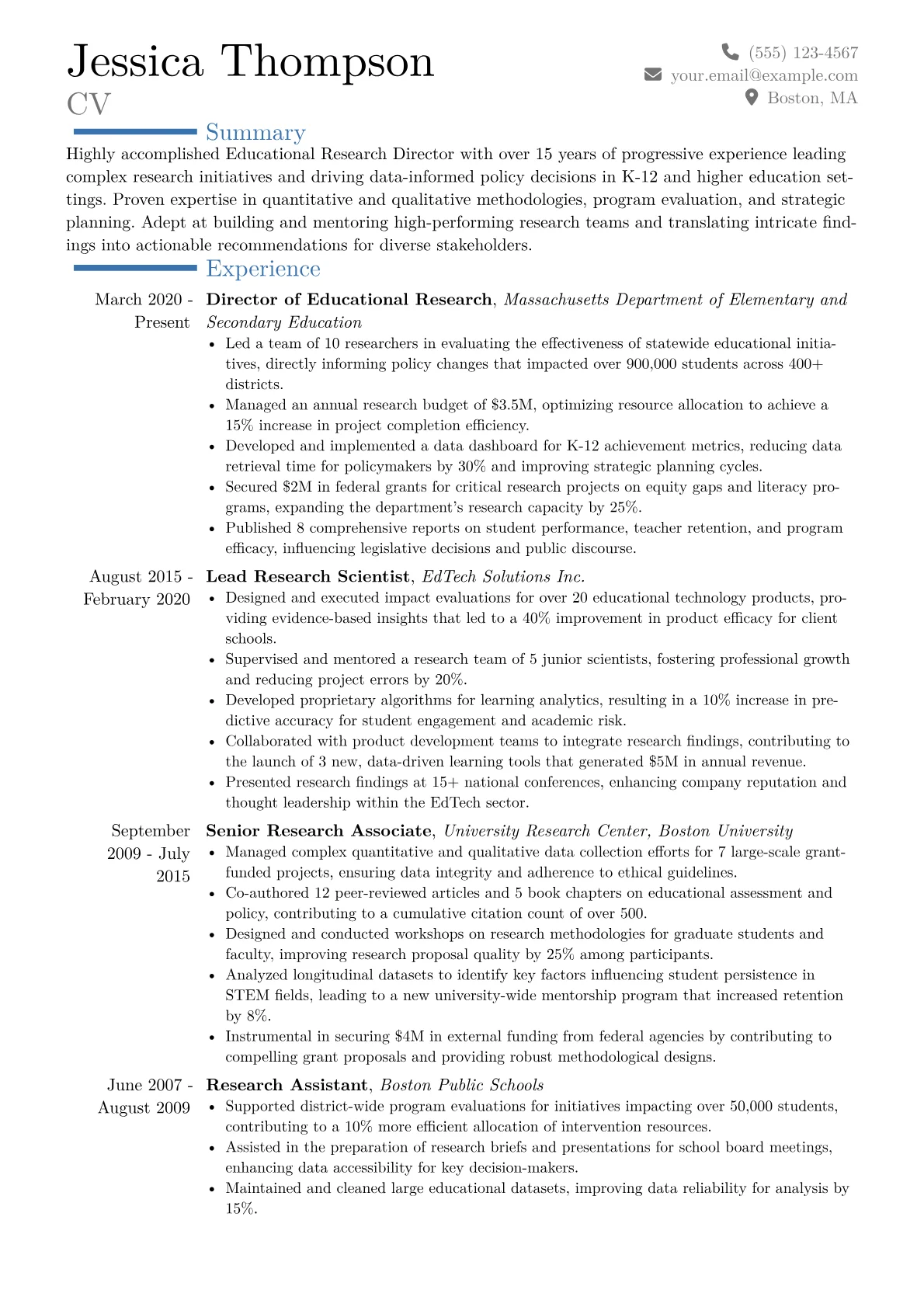 Educational Research Director Resume Example CV template - Page 1