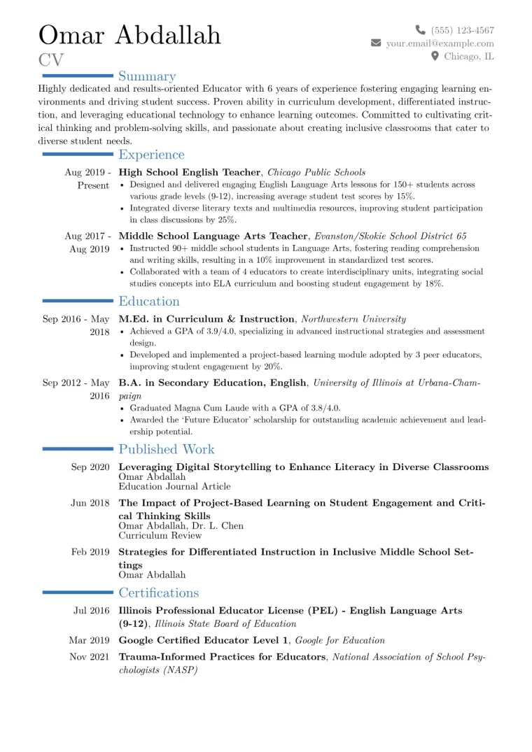 Educator Resume Example CV template preview