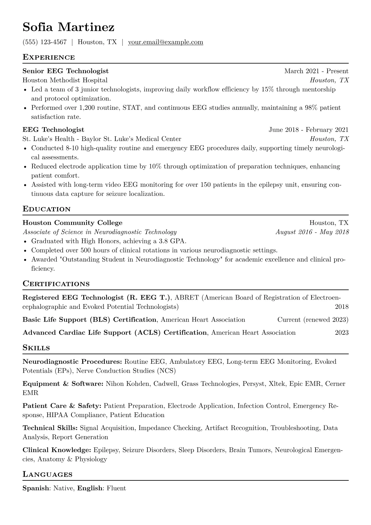 EEG Technologist Resume Example CV template - Page 1