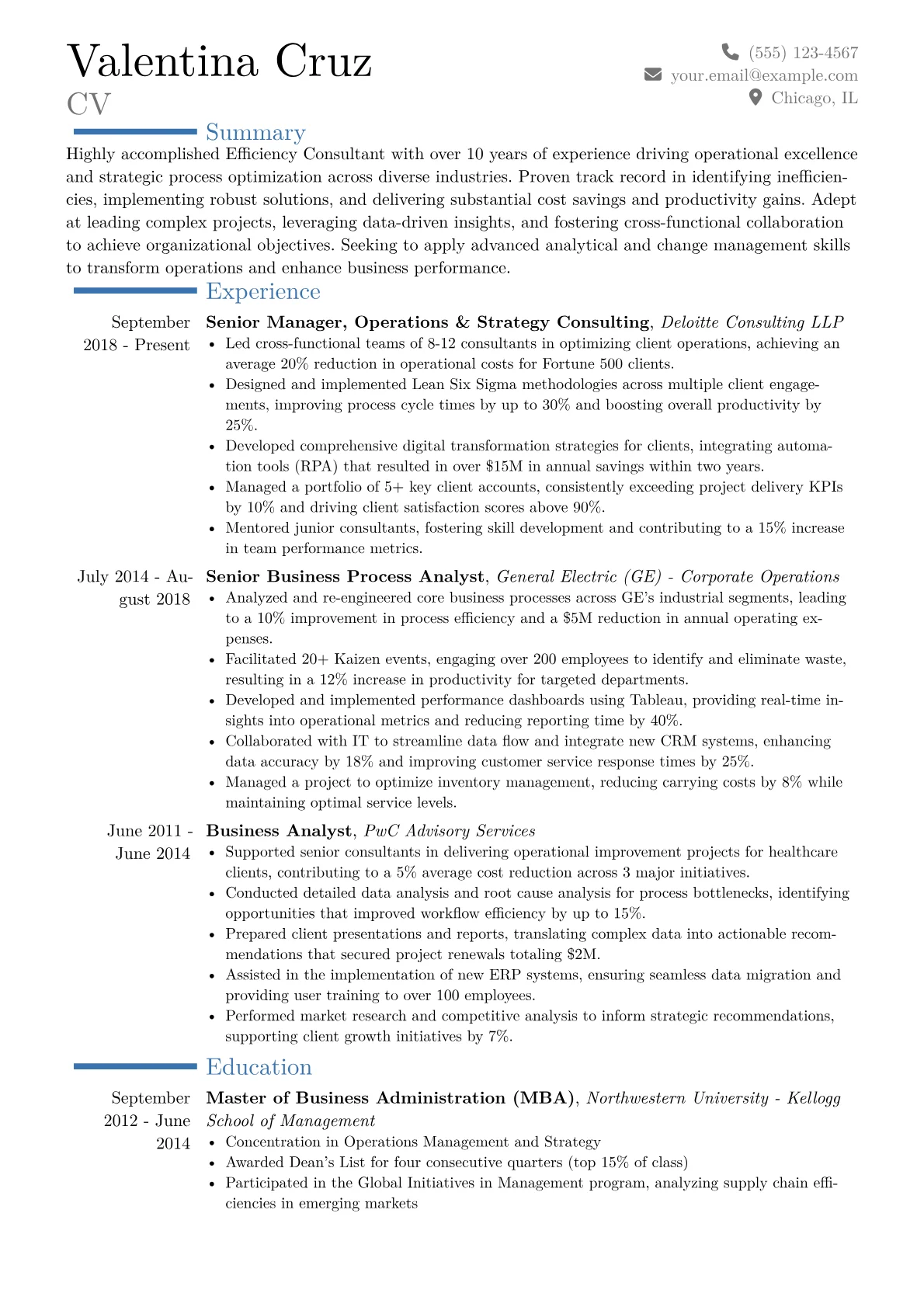 Efficiency Consultant Resume Example CV template - Page 1