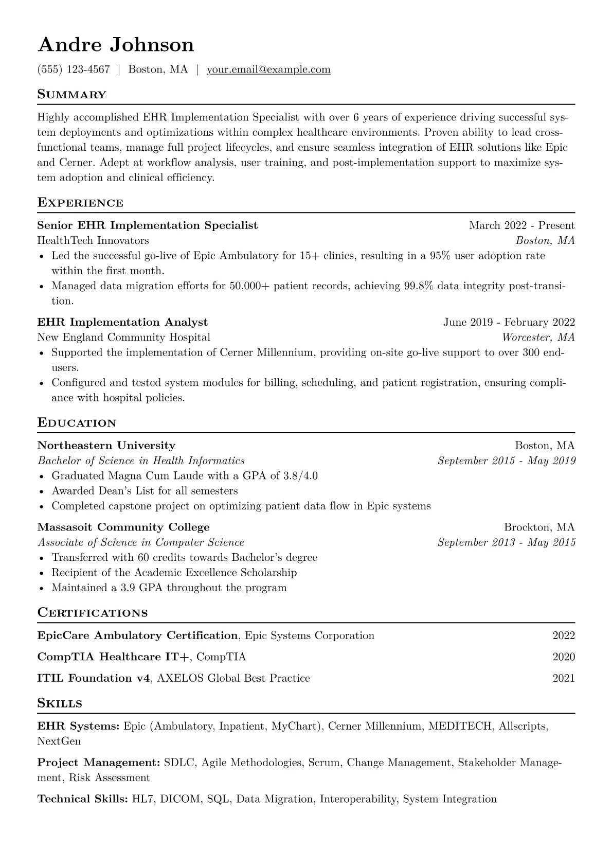 EHR Implementation Specialist Resume Example CV template - Page 1