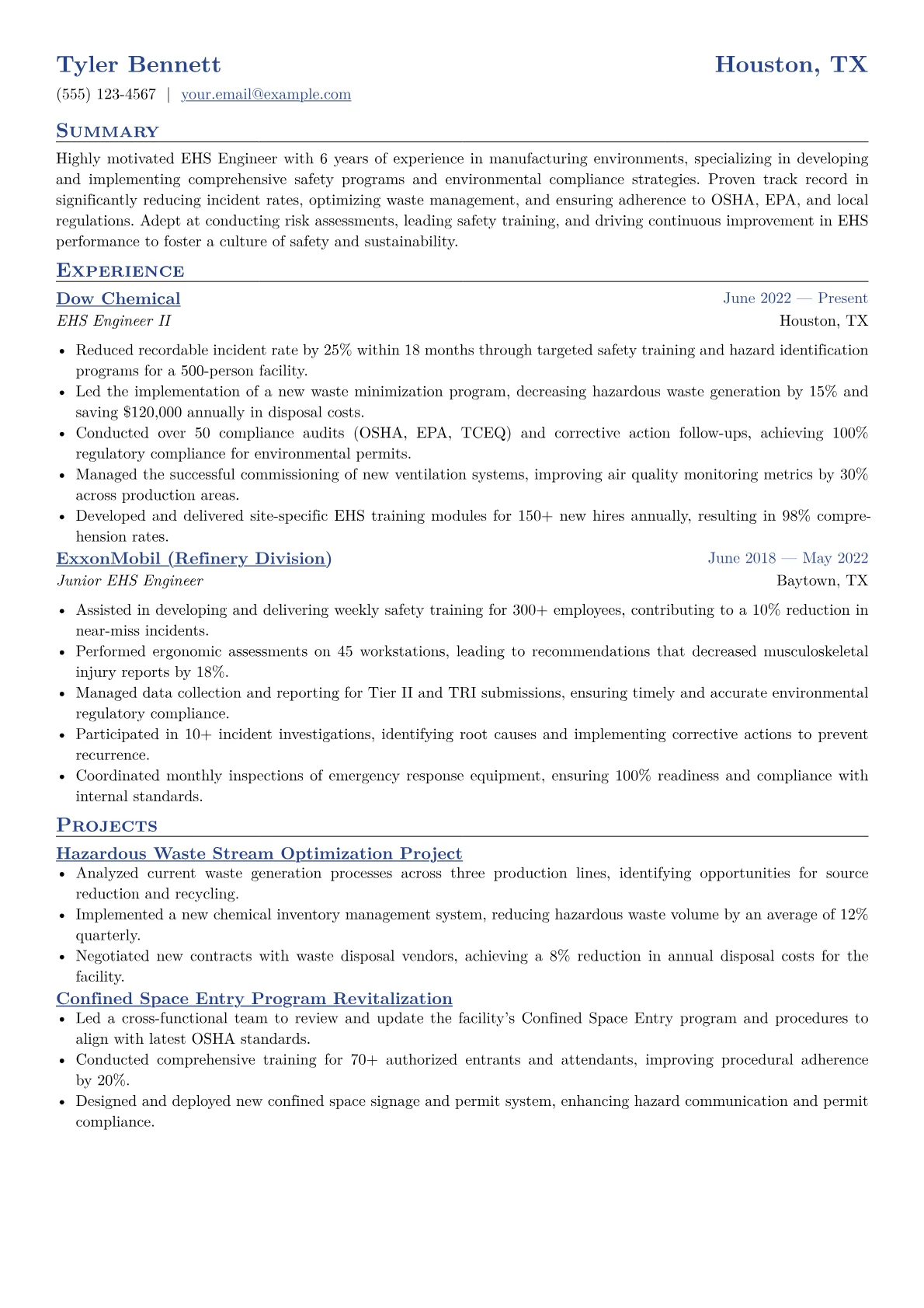 EHS Engineer Resume Example CV template - Page 1