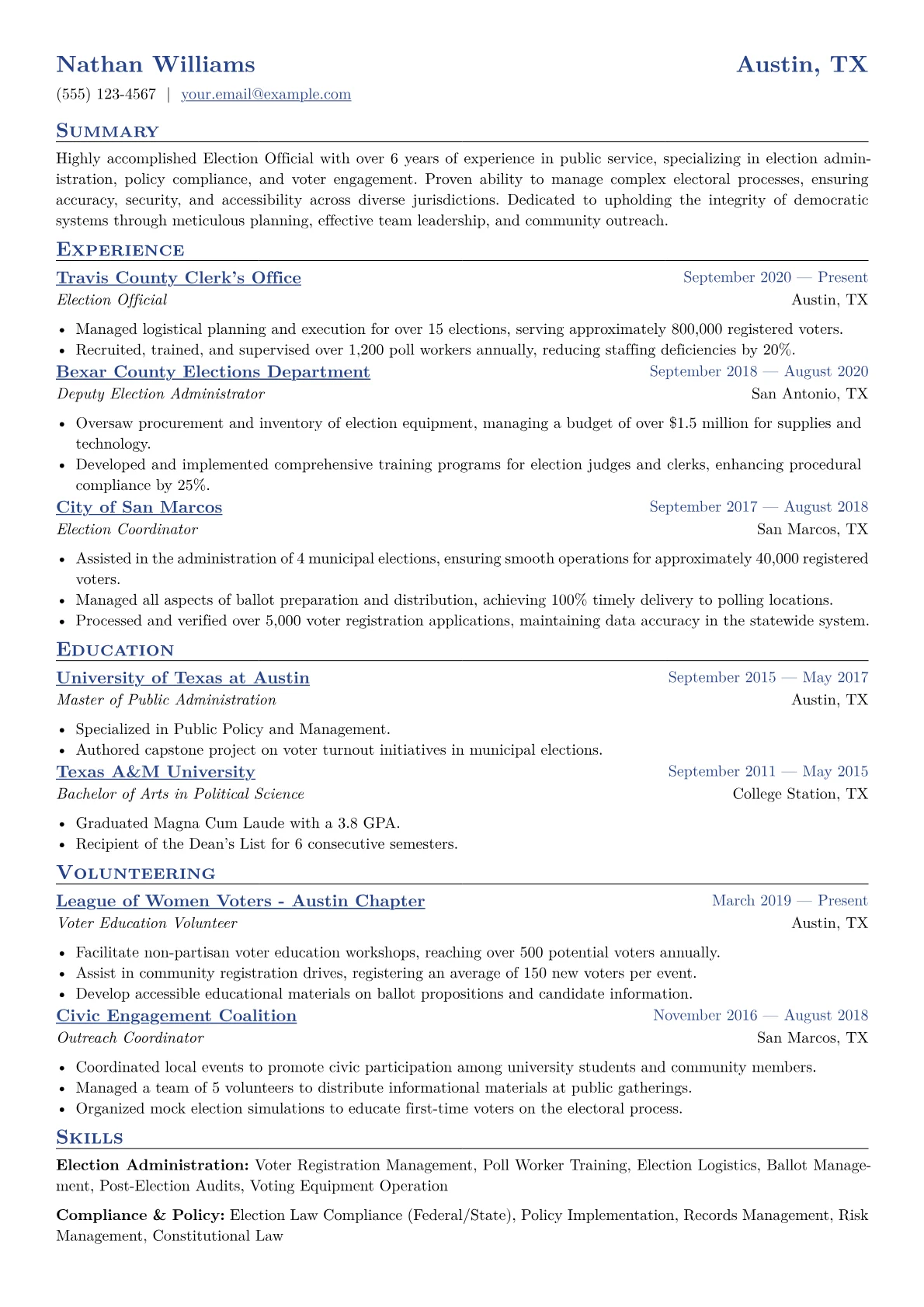 Election Official Resume Example CV template - Page 1