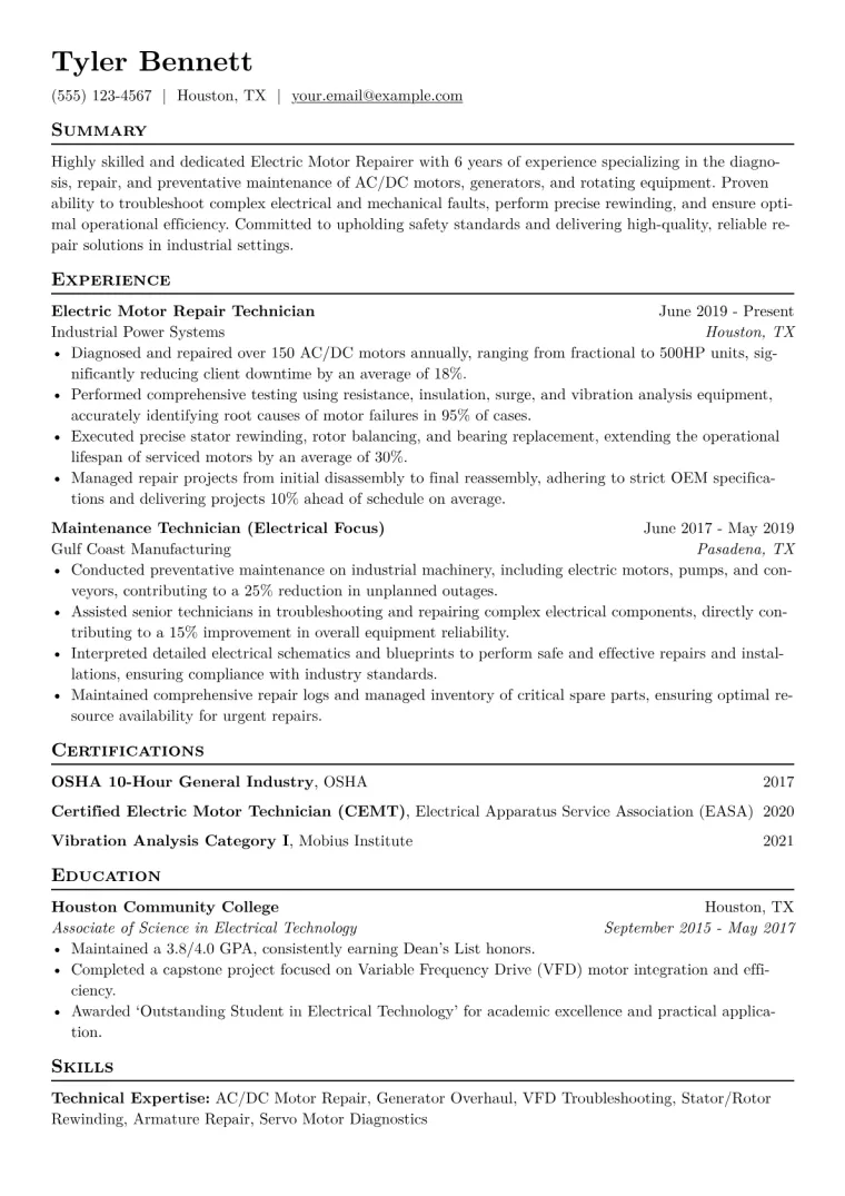 Electric Motor Repairer Resume Example CV template preview