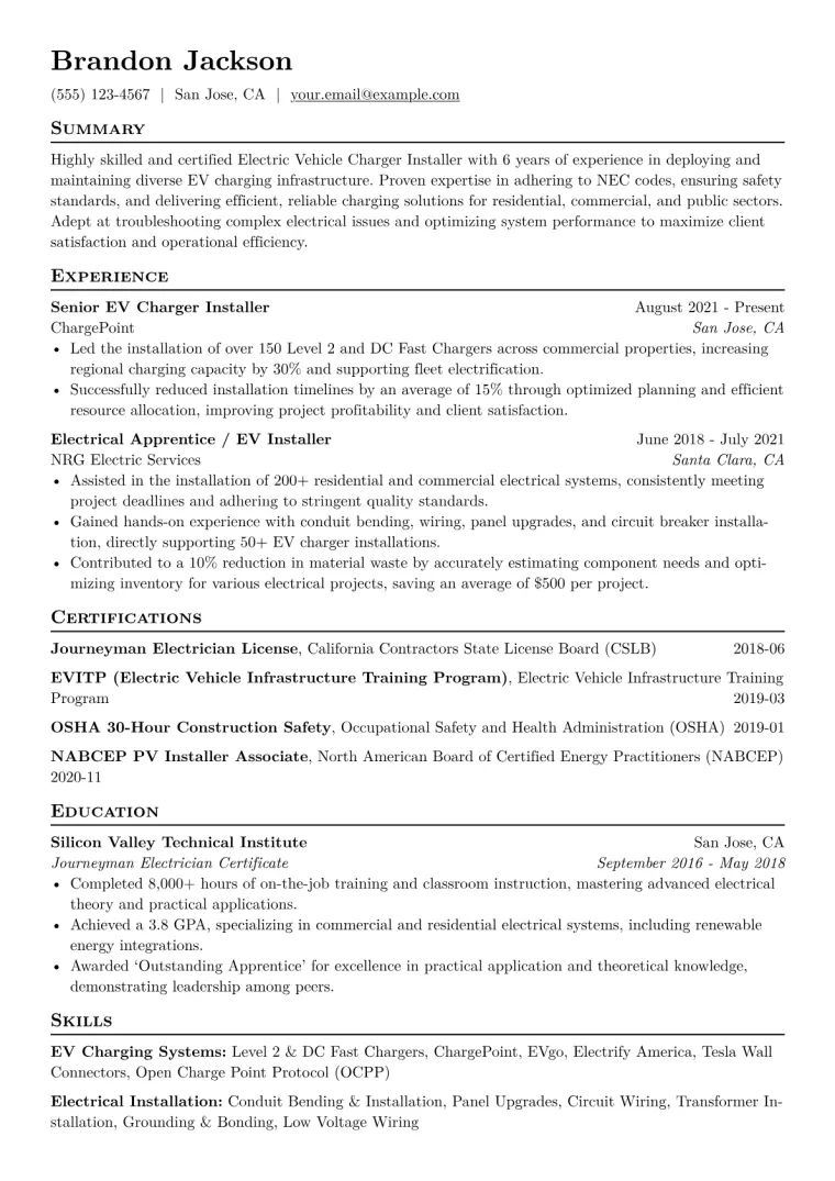 Electric Vehicle Charger Installer Resume Example CV template preview