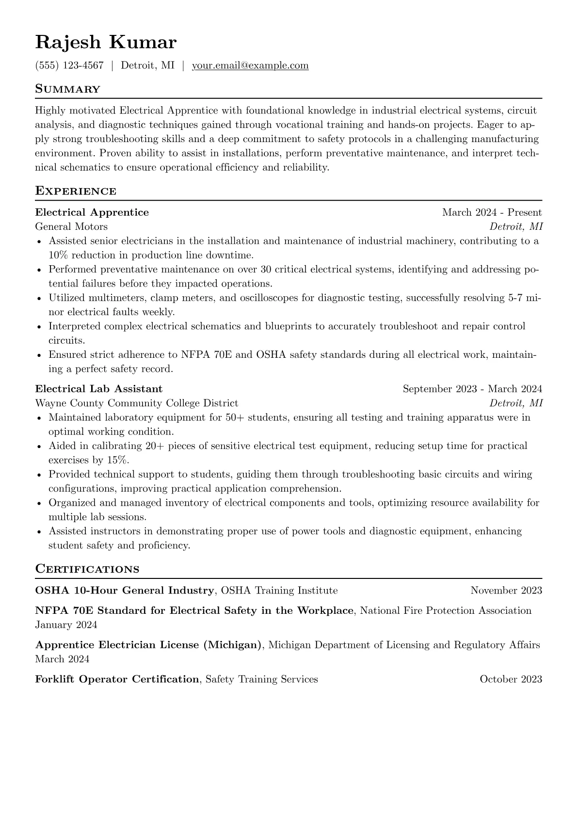 Electrical Apprentice Resume Example CV template - Page 1