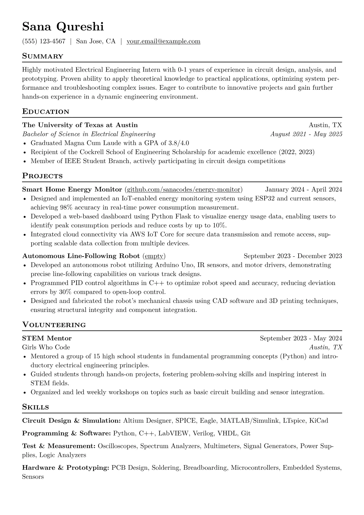 Electrical Engineering Intern Resume Example CV template - Page 1