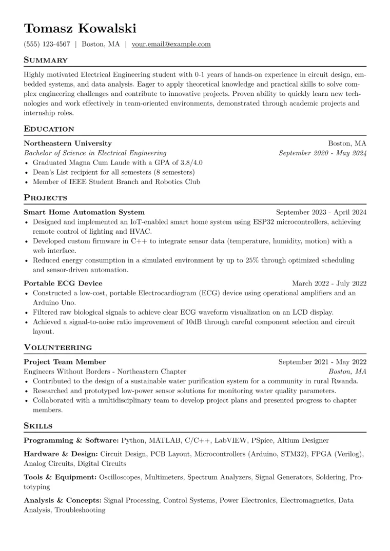 Electrical Engineering Student Resume Example CV template preview