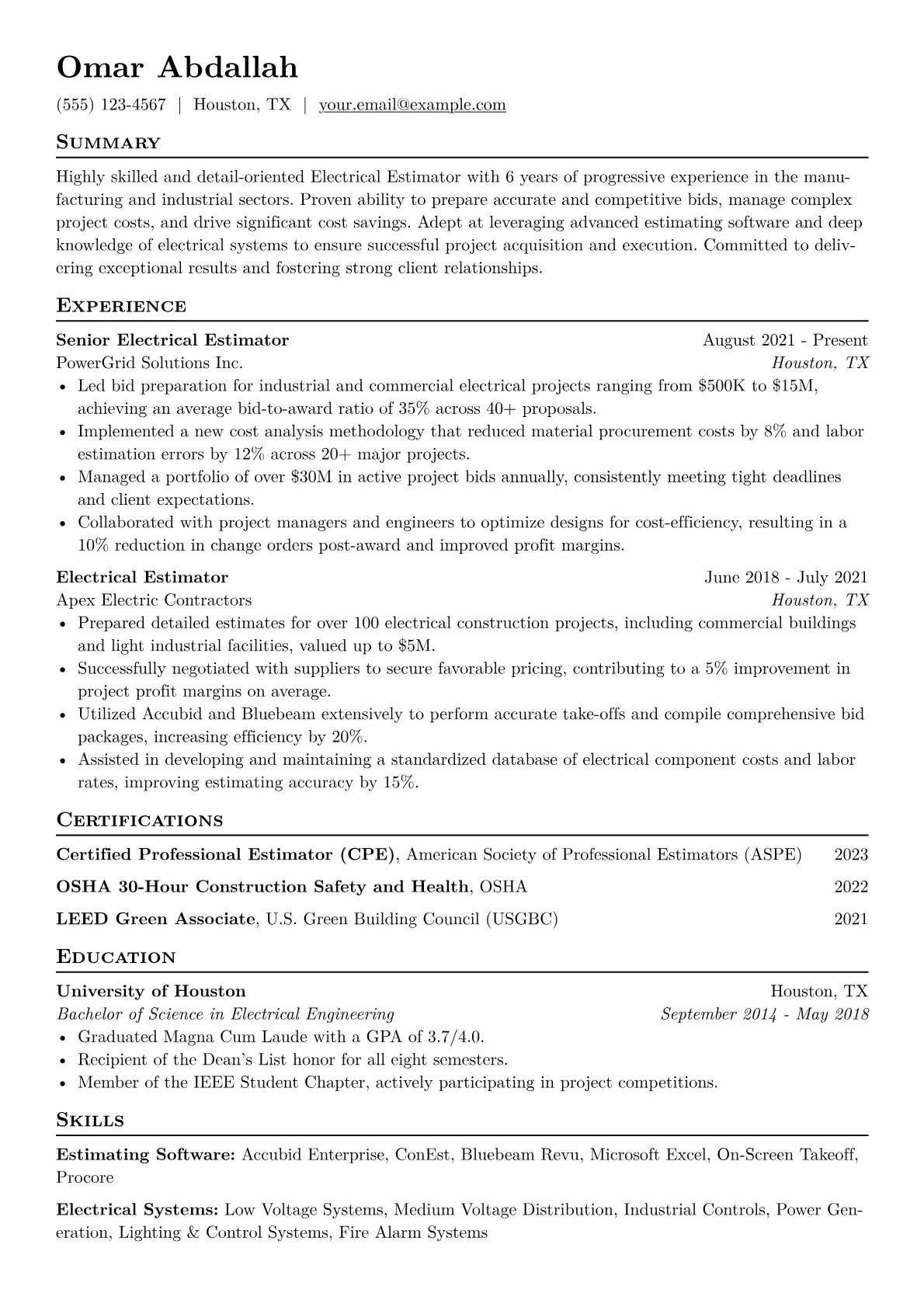 Electrical Estimator Resume Example CV template - Page 1