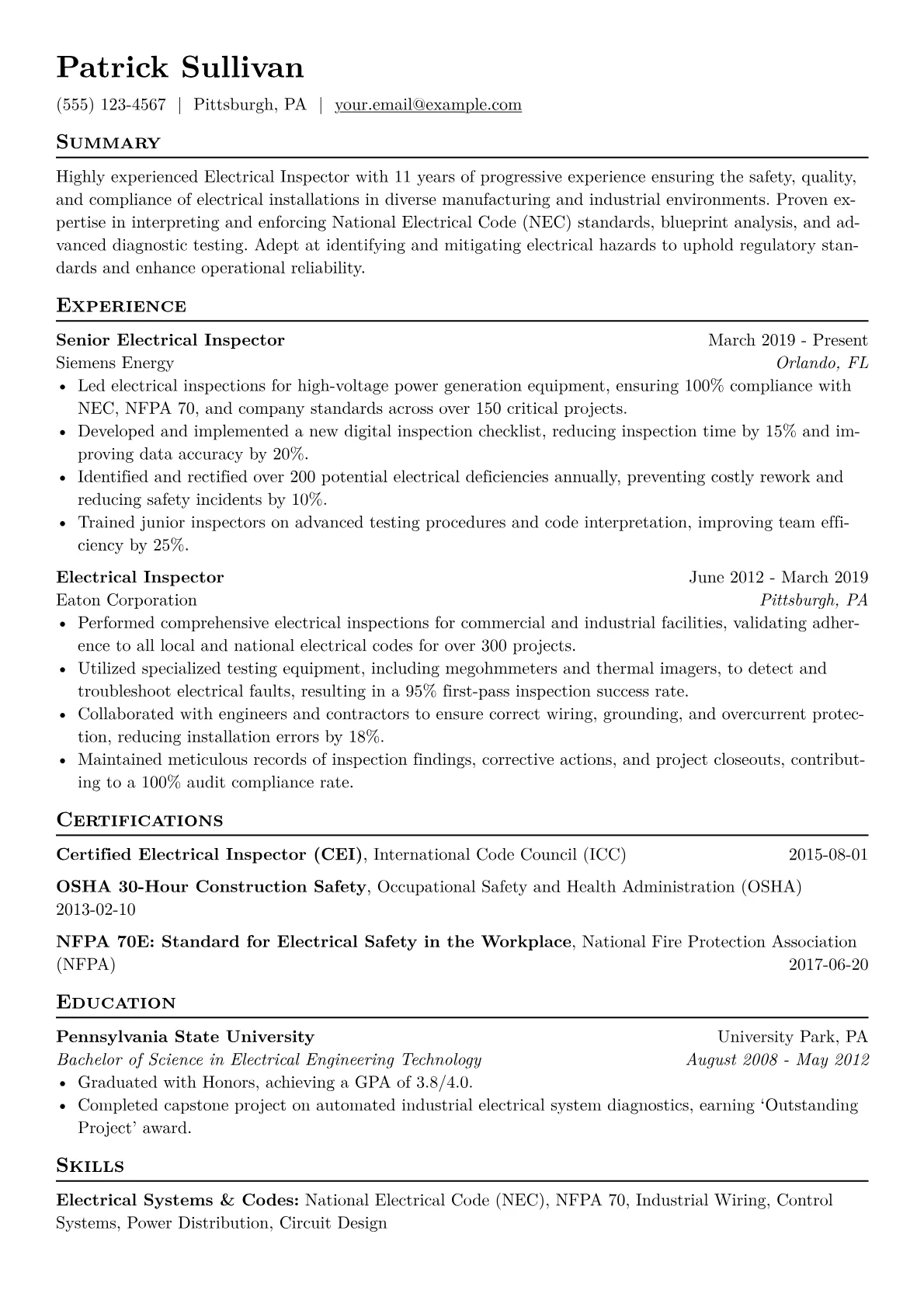 Electrical Inspector Resume Example CV template - Page 1