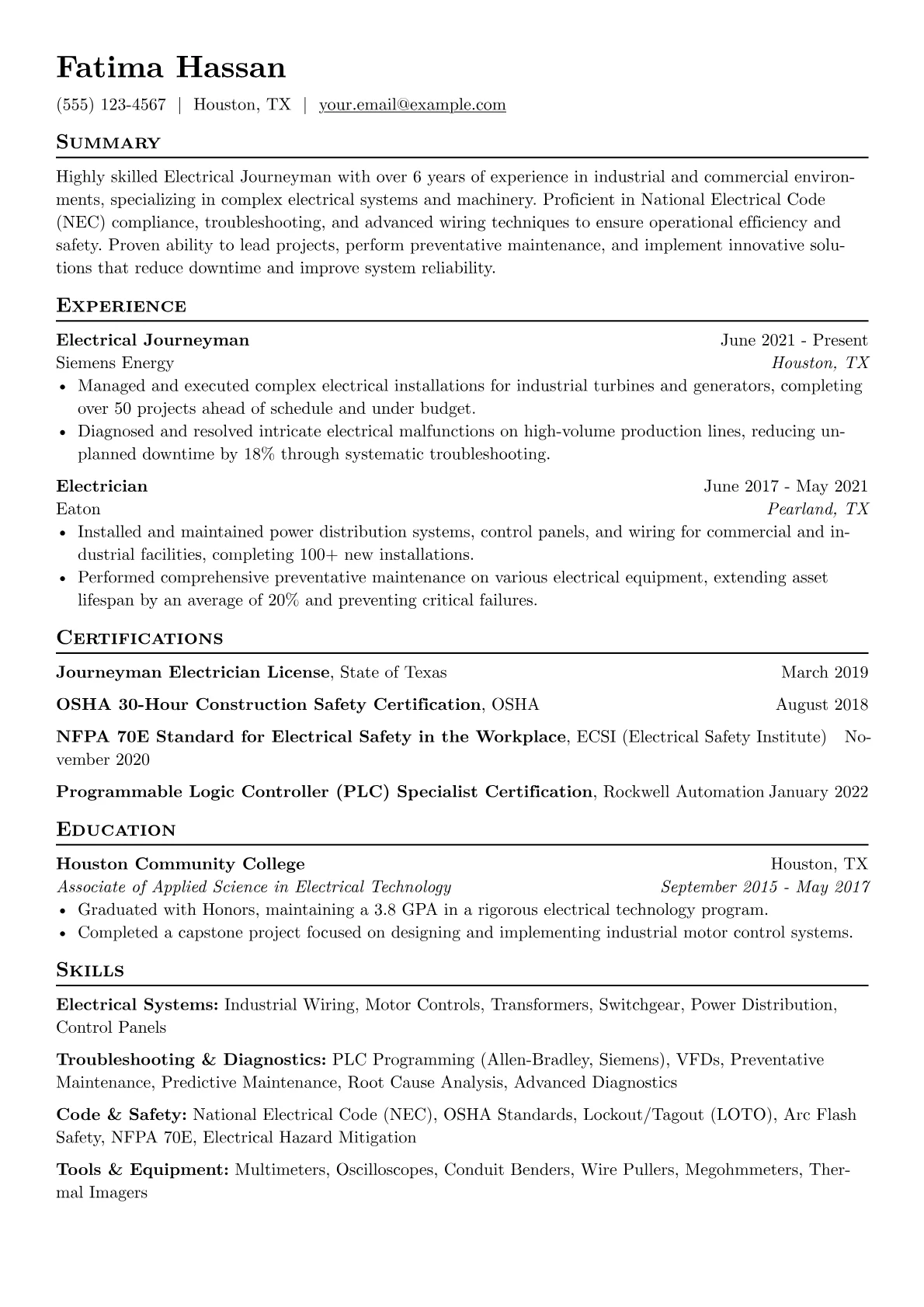Electrical Journeyman Resume Example CV template - Page 1