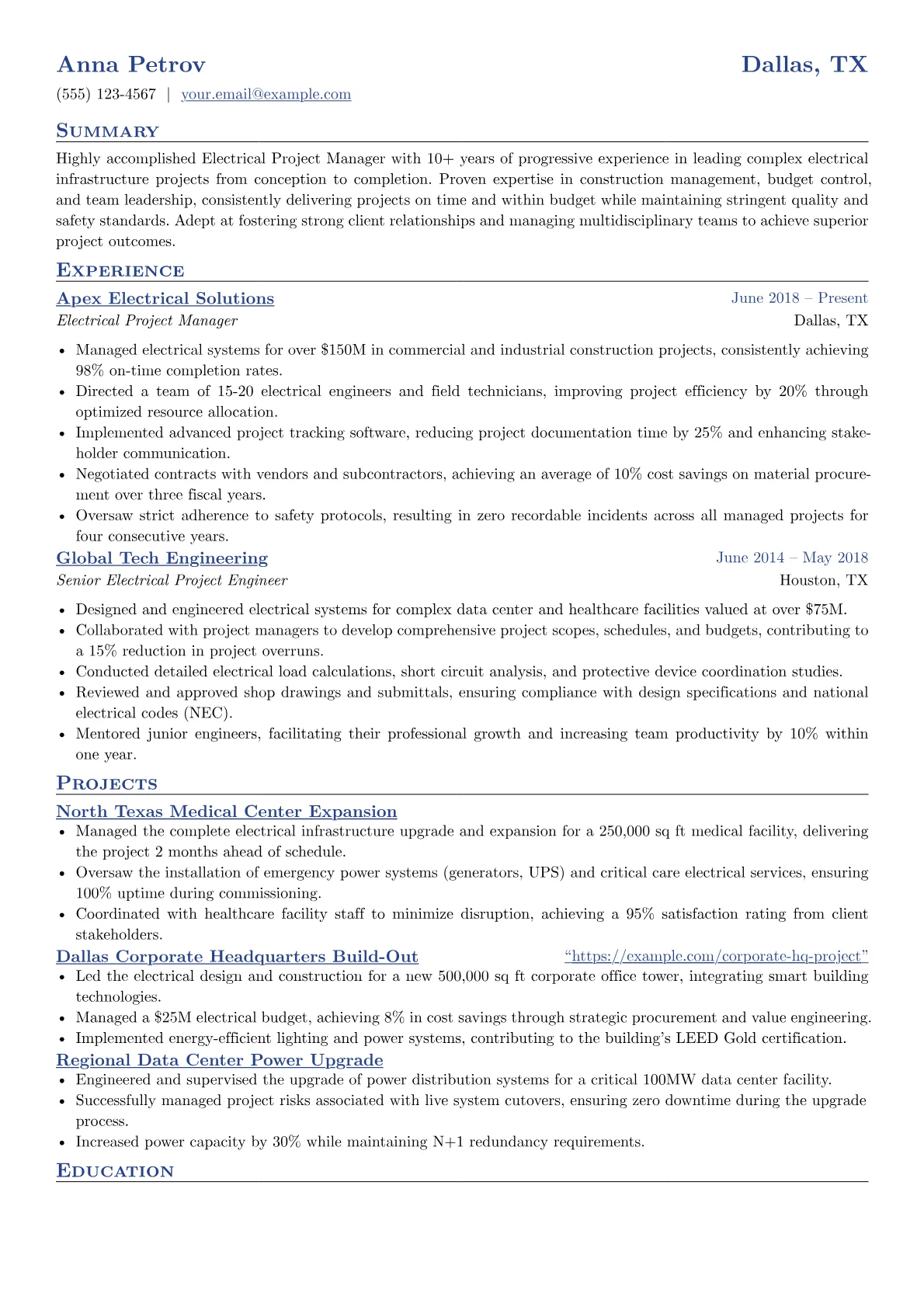 Electrical Project Manager Resume Example CV template - Page 1