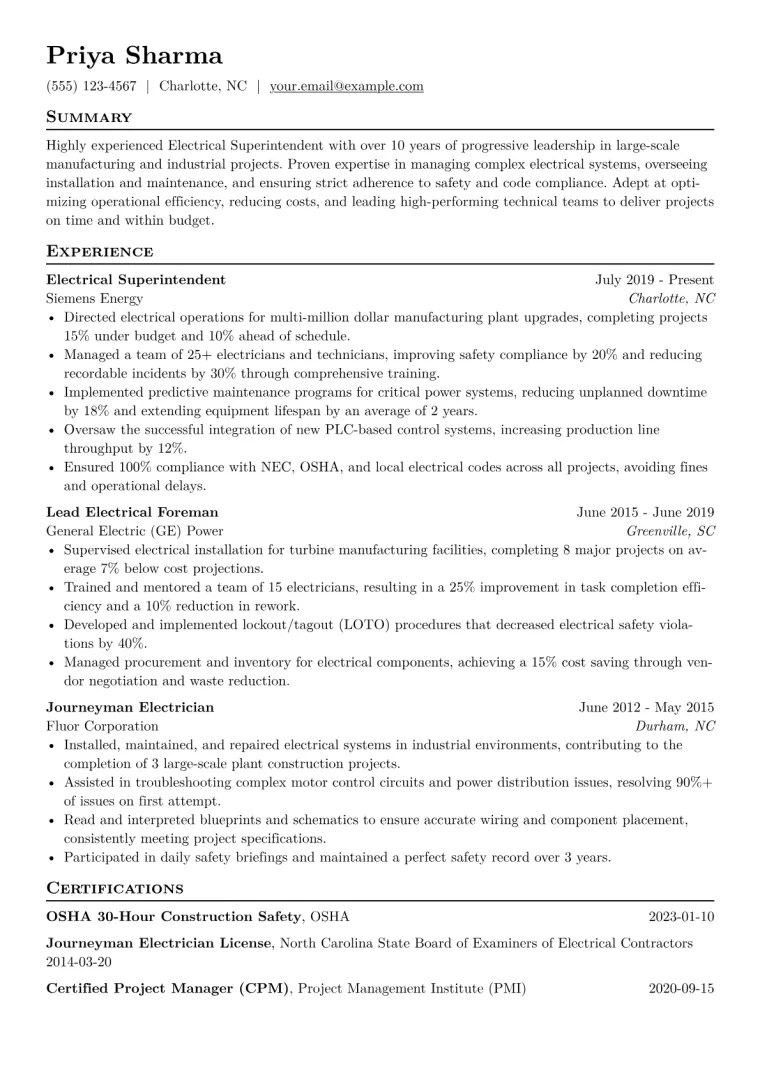 Electrical Superintendent Resume Example CV template preview