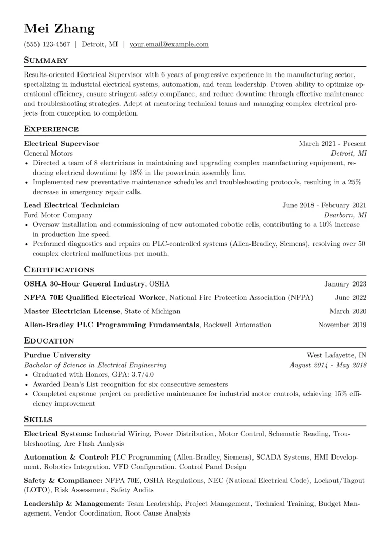 Electrical Supervisor Resume Example CV template preview