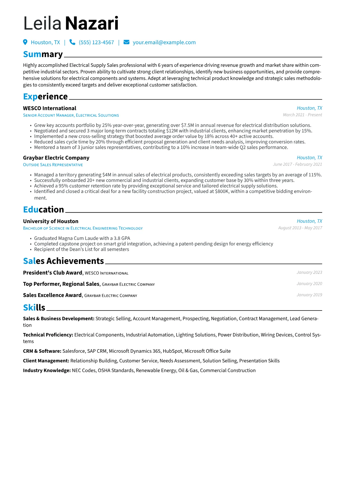 Electrical Supply Sales Resume Example CV template - Page 1