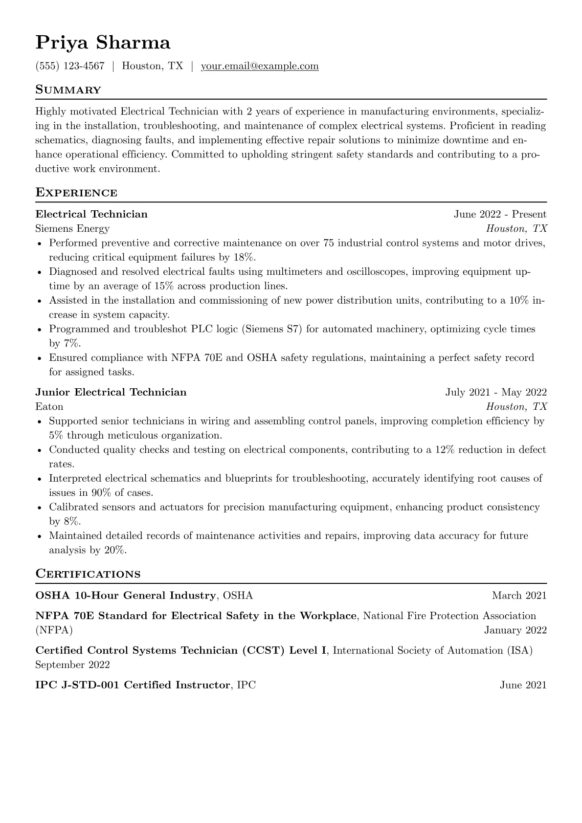 Electrical Technician Resume Example CV template - Page 1