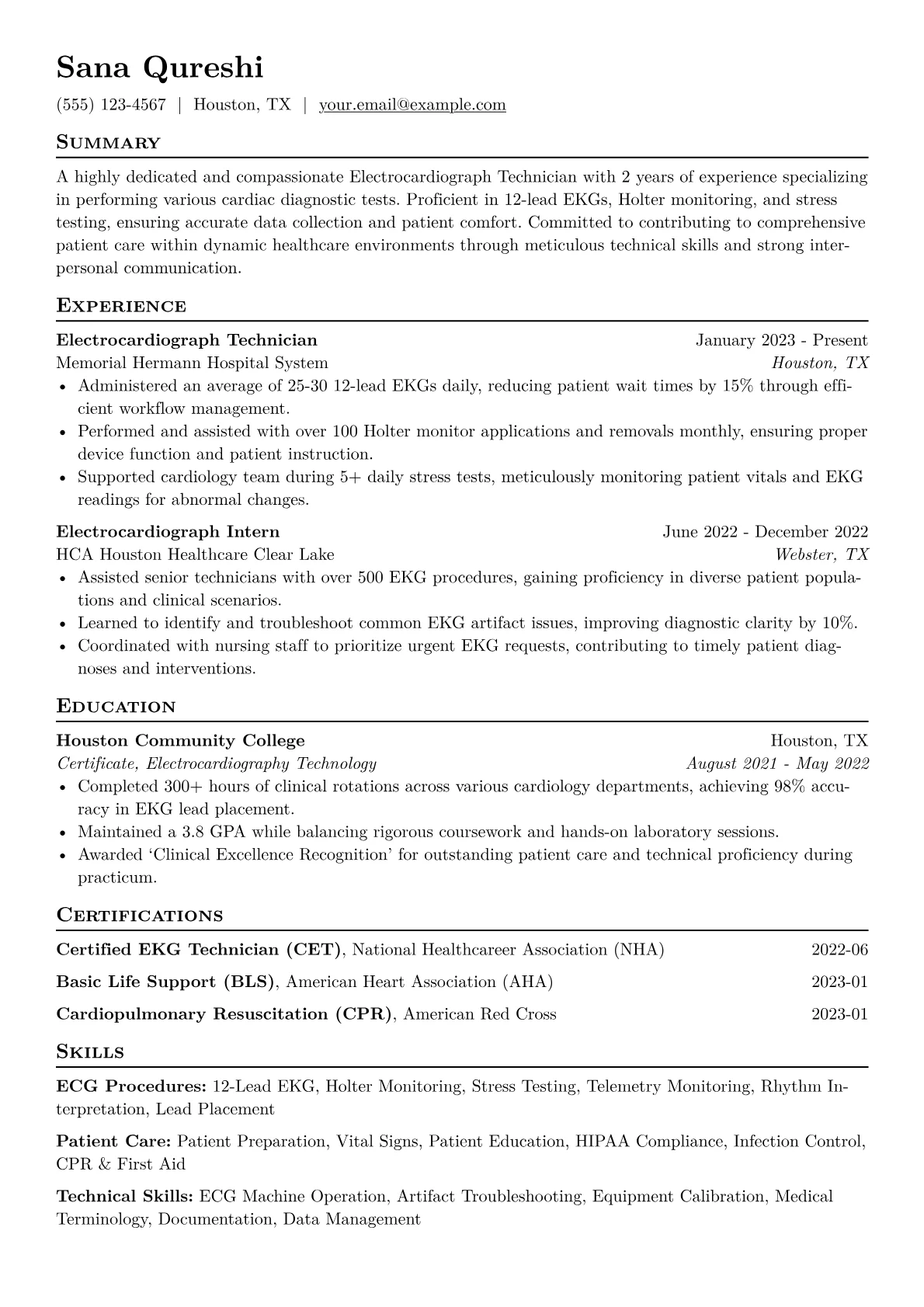 Electrocardiograph Technician Resume Example CV template - Page 1