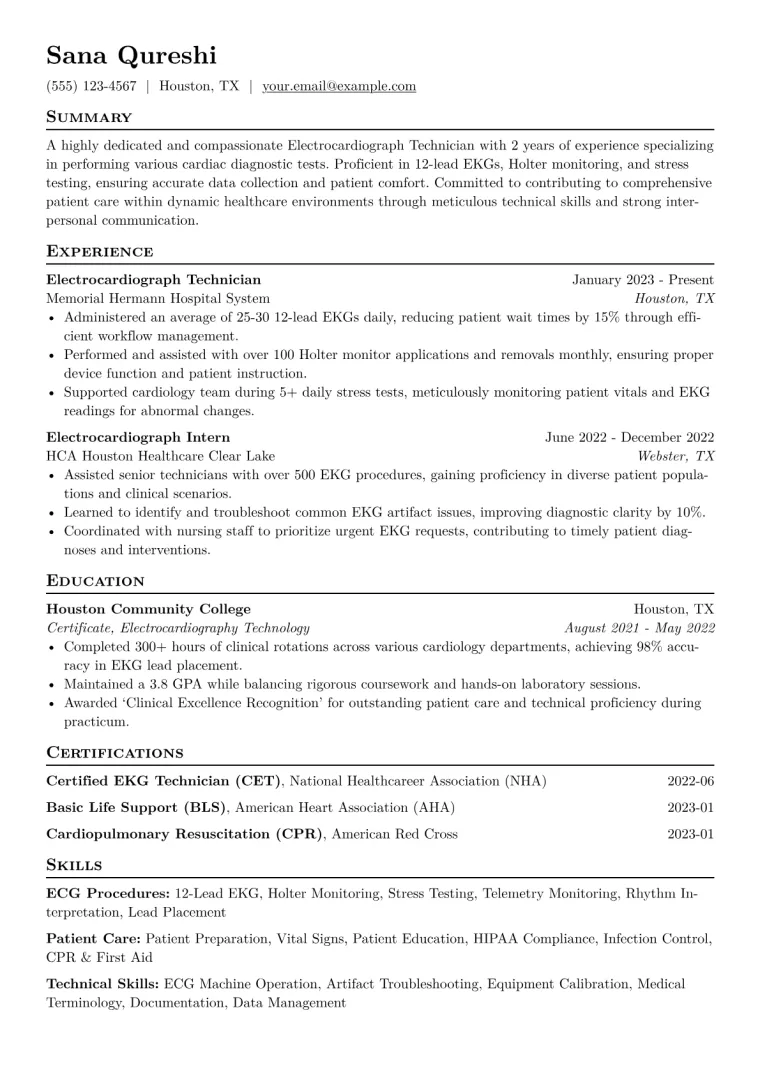 Electrocardiograph Technician Resume Example CV template preview