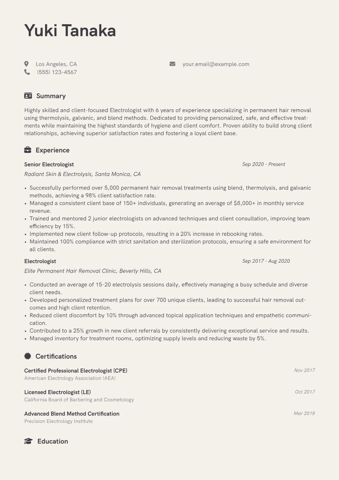 Electrologist Resume Example CV template - Page 1