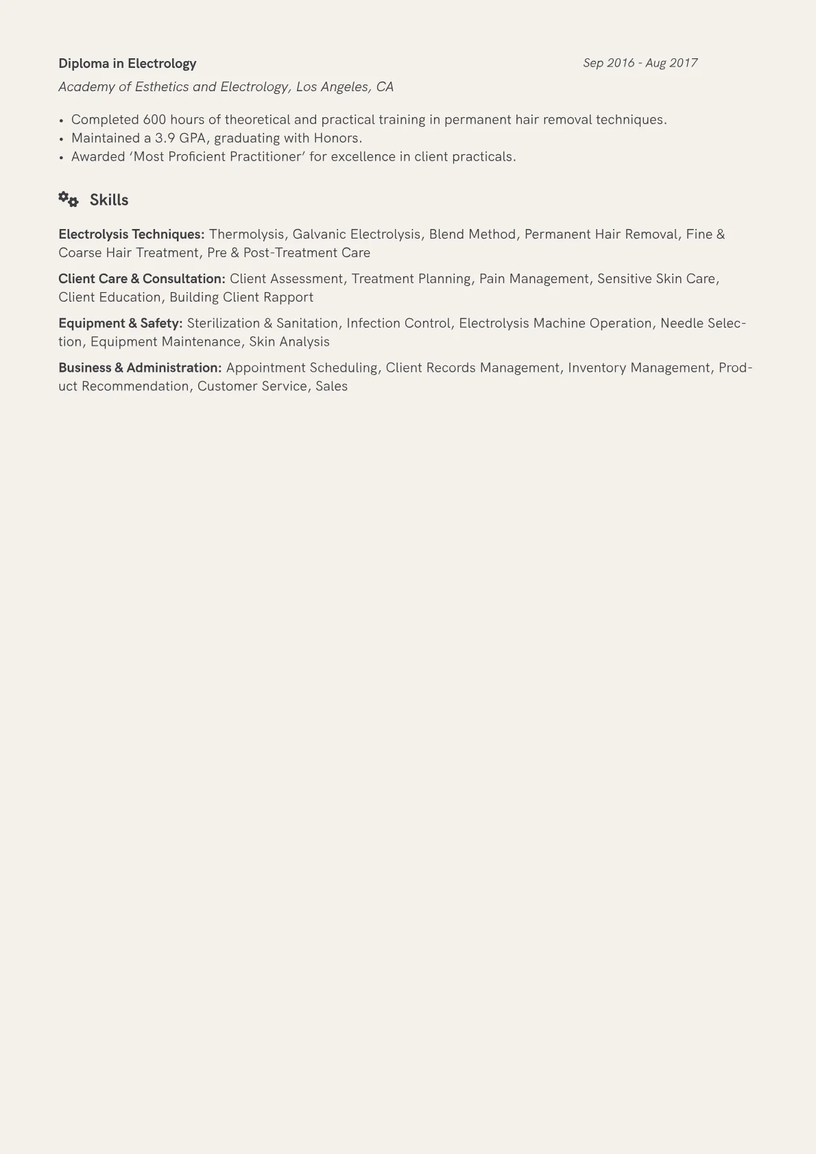 Electrologist Resume Example CV template - Page 2