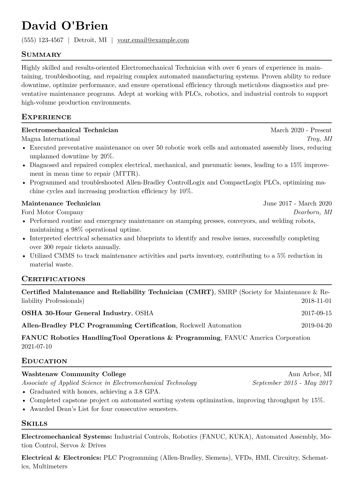 Electromechanical Technician Resume Example CV template - Page 1