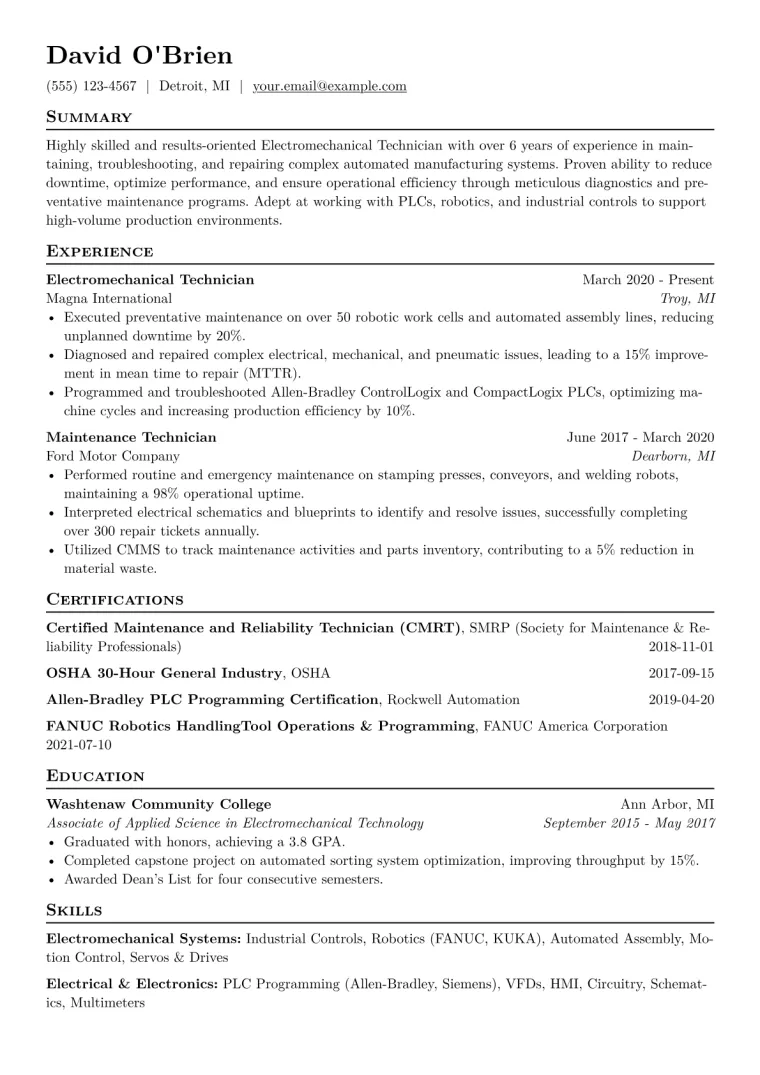 Electromechanical Technician Resume Example CV template preview
