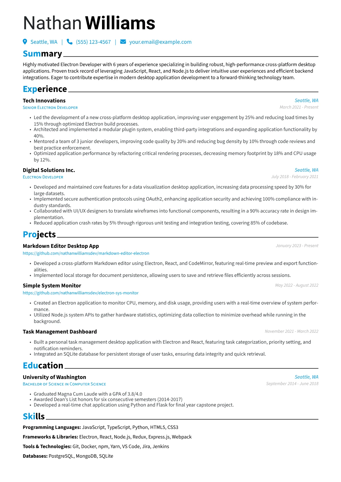 Electron Developer Resume Example CV template - Page 1