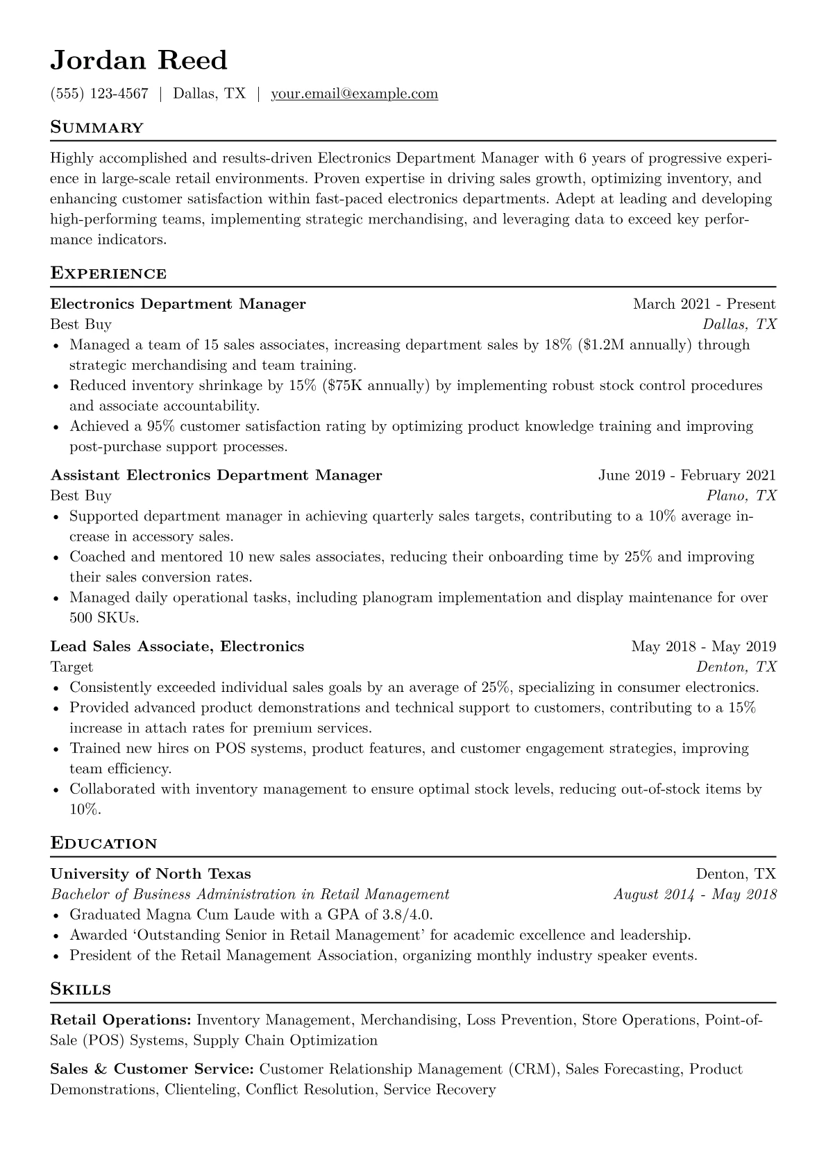 Electronics Department Manager Resume Example CV template - Page 1