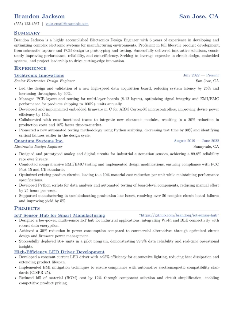 Electronics Design Engineer Resume Example CV template preview