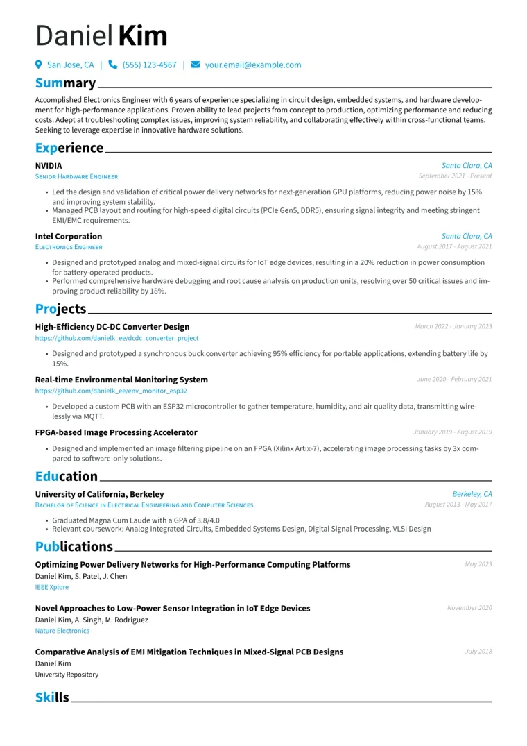 Electronics Engineer Resume Example