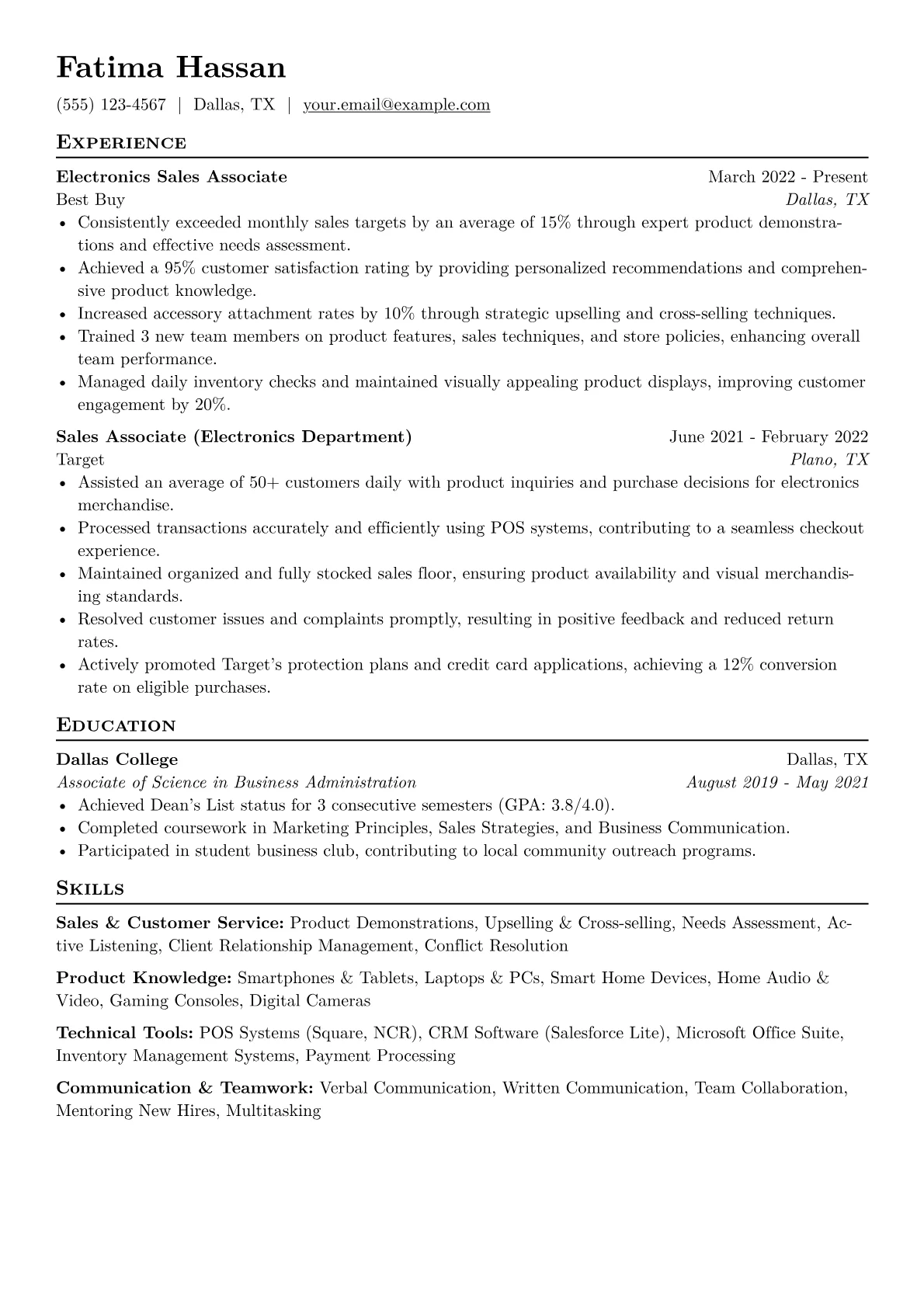 Electronics Sales Associate Resume Example CV template - Page 1