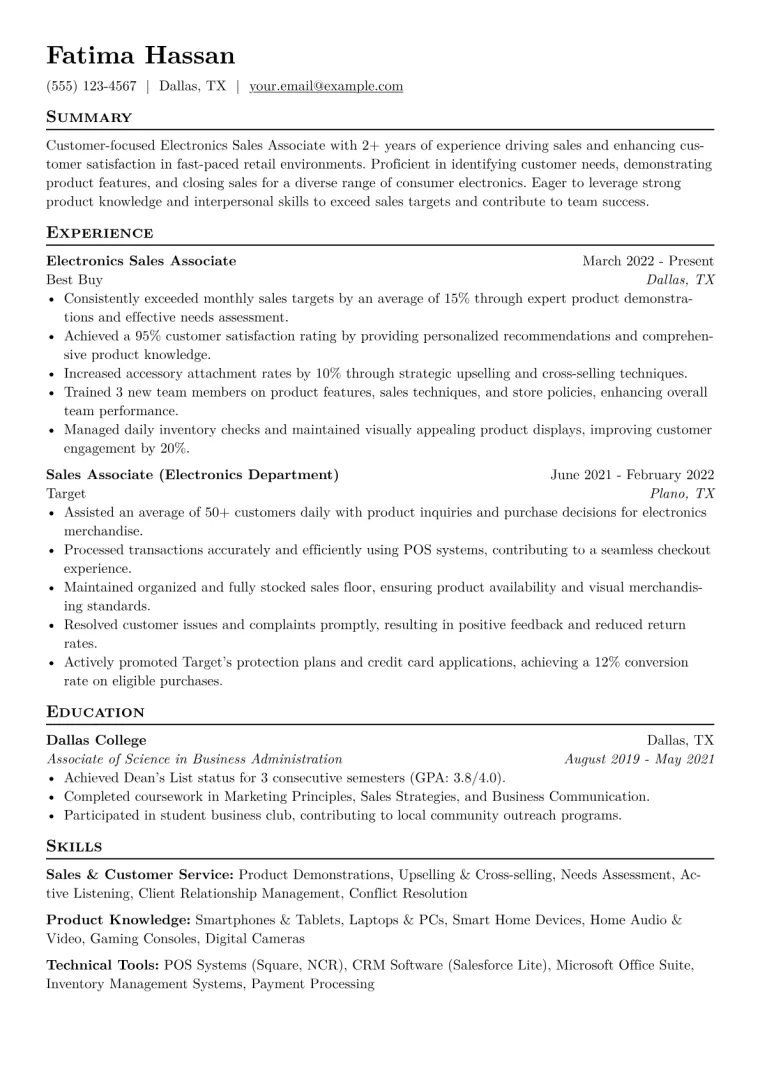 Electronics Sales Associate Resume Example CV template preview
