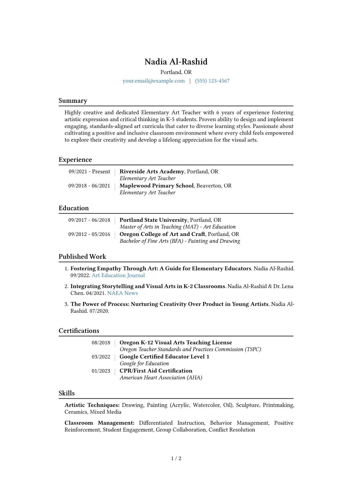 Elementary Art Teacher Resume Example CV template - Page 1