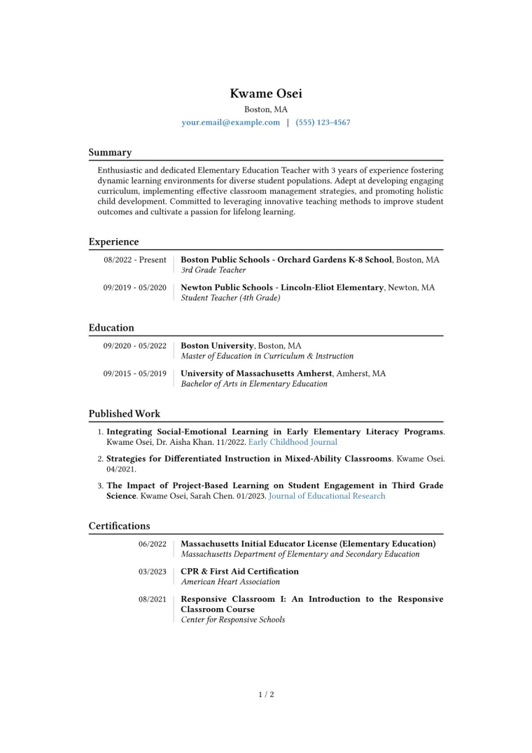 Elementary Education Teacher Resume Example CV template preview