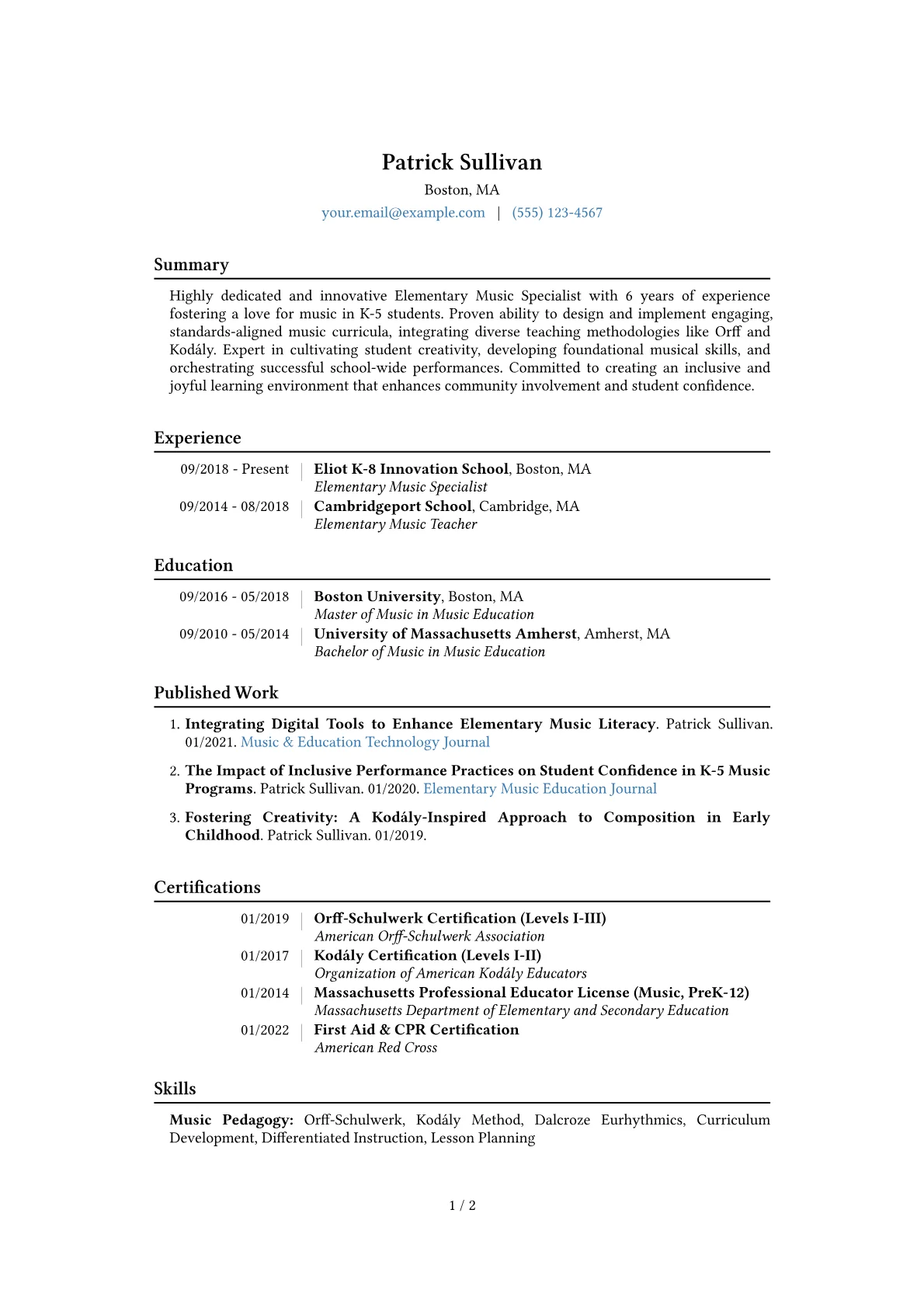 Elementary Music Specialist Resume Example CV template - Page 1