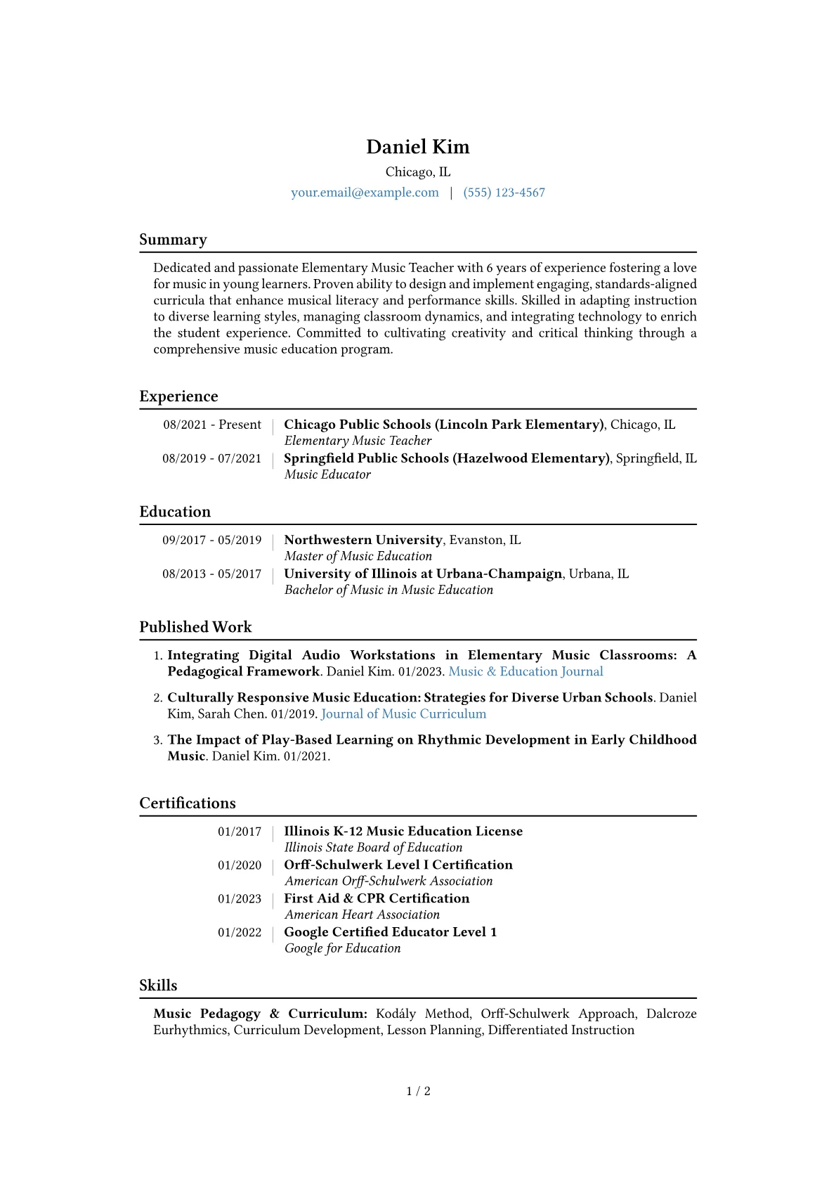 Elementary Music Teacher Resume Example CV template - Page 1