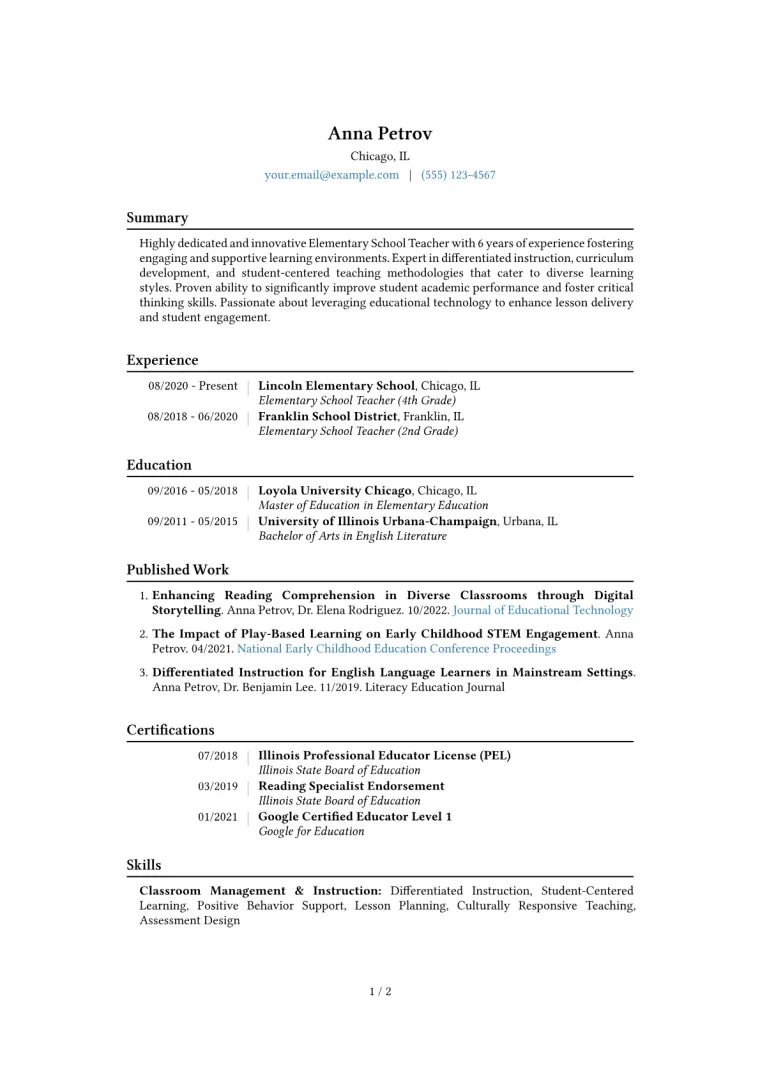 Elementary School Teacher Resume Example CV template preview