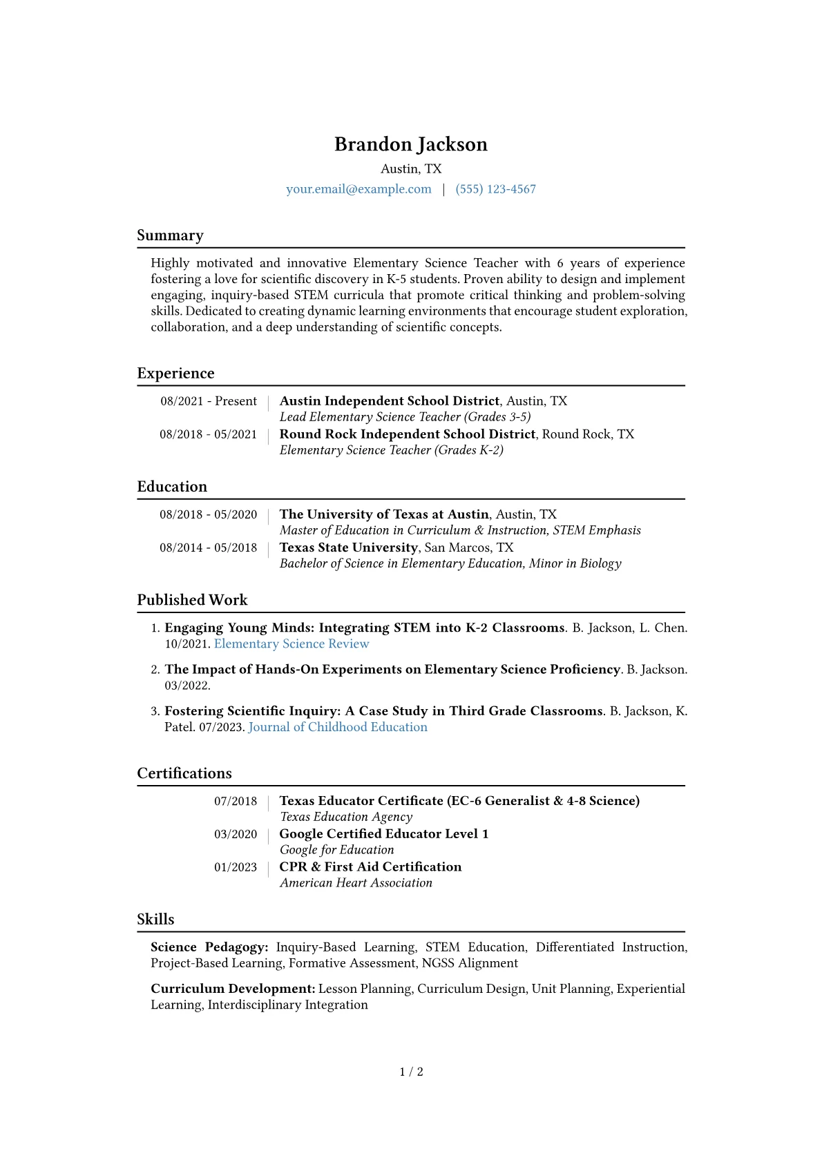 Elementary Science Teacher Resume Example CV template - Page 1
