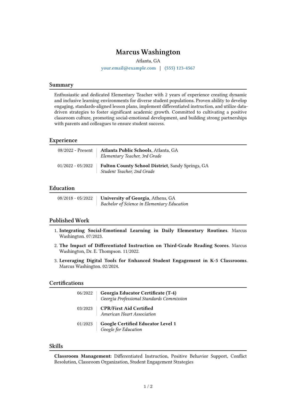 Elementary Teacher Resume Example CV template - Page 1
