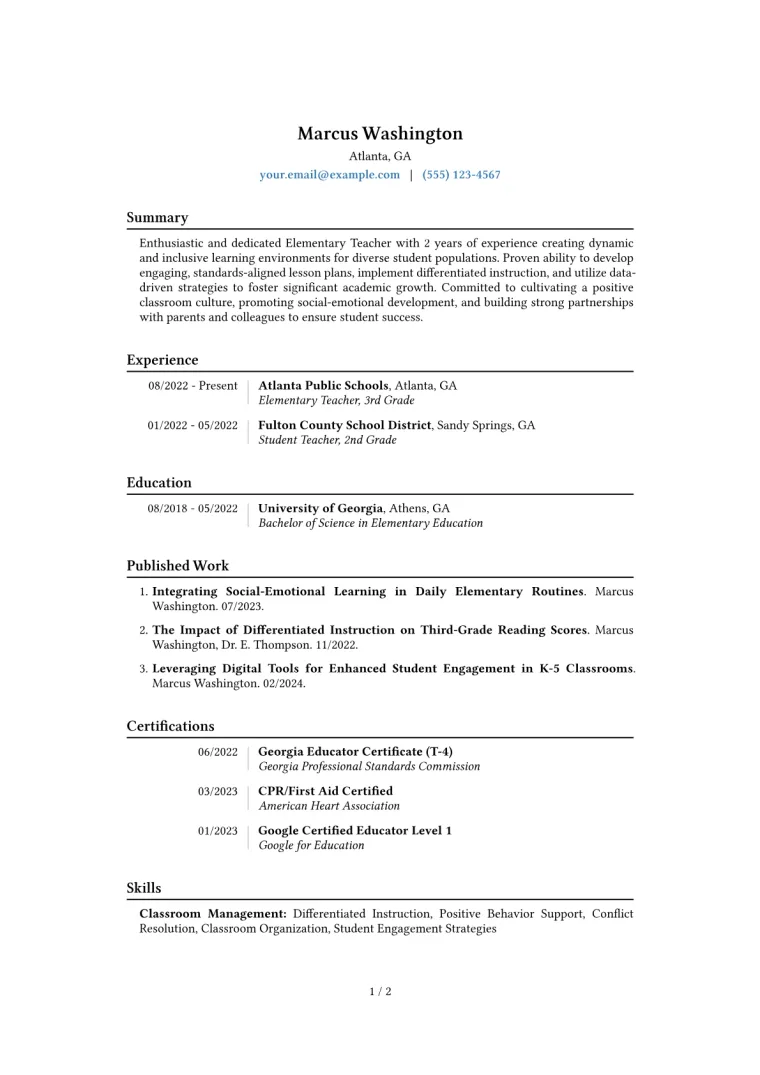 Elementary Teacher Resume Example CV template preview