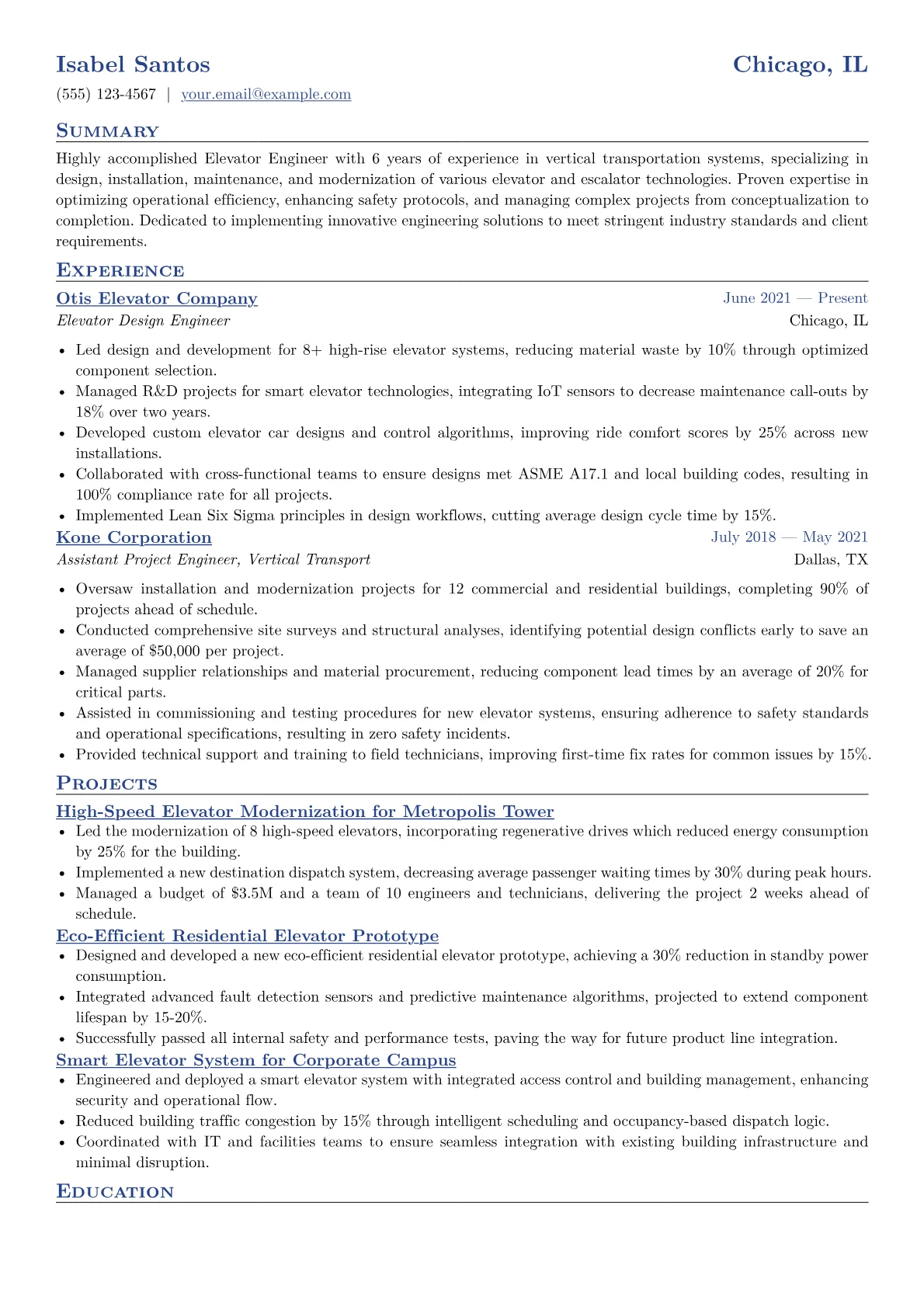Elevator Engineer Resume Example CV template - Page 1