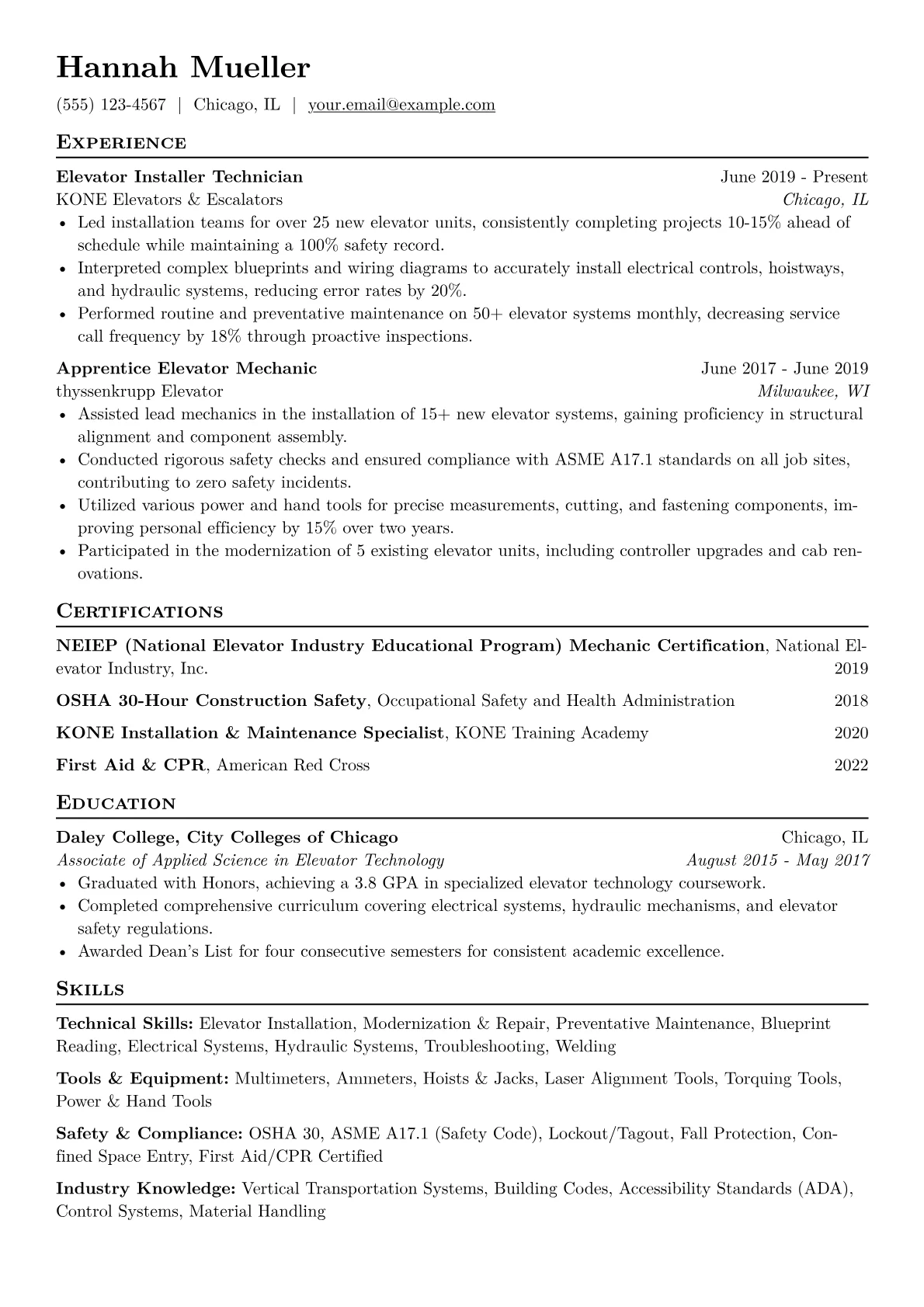 Elevator Installer Resume Example CV template - Page 1