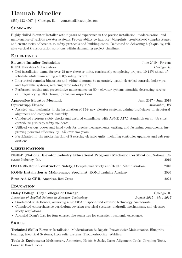 Elevator Installer Resume Example CV template preview